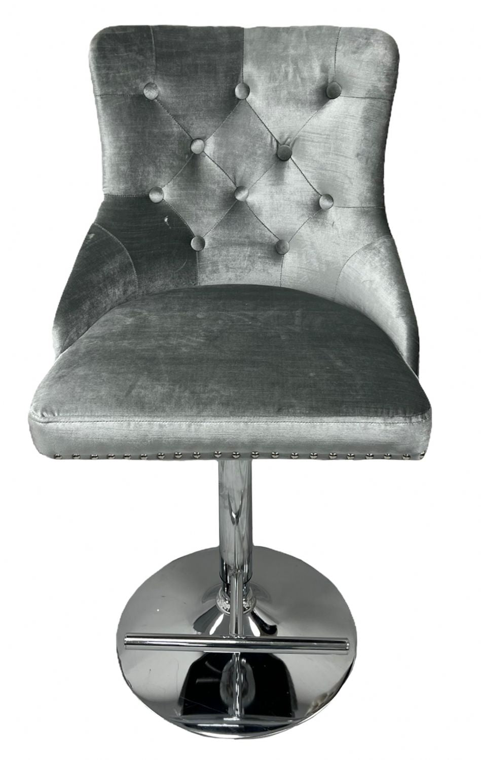 Modern Silver Grey Shimmer Velvet Bar Stool with Lion Knocker and Chrome Pedestal Base