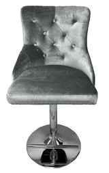 Modern Silver Grey Shimmer Velvet Bar Stool with Lion Knocker and Chrome Pedestal Base