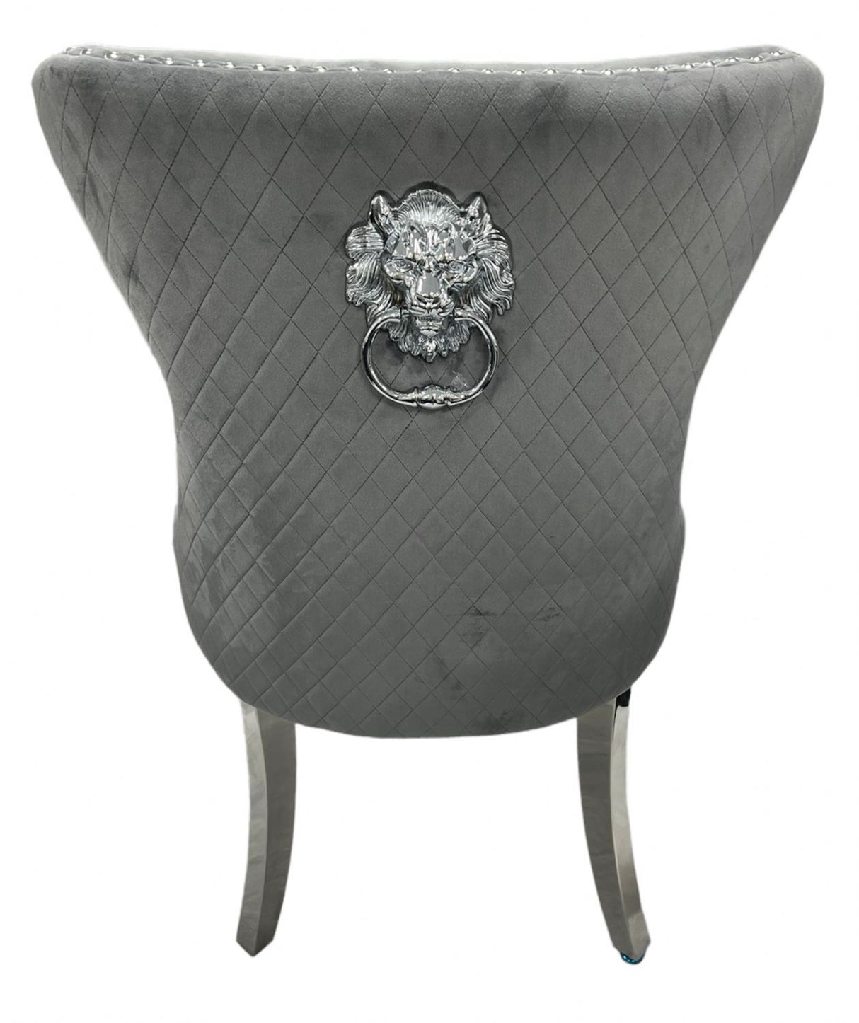 Luxury Dark Grey Velvet Dining Chair with Lion Knocker and Chrome Legs