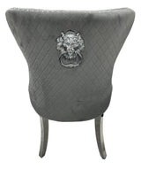 Luxury Dark Grey Velvet Dining Chair with Lion Knocker and Chrome Legs