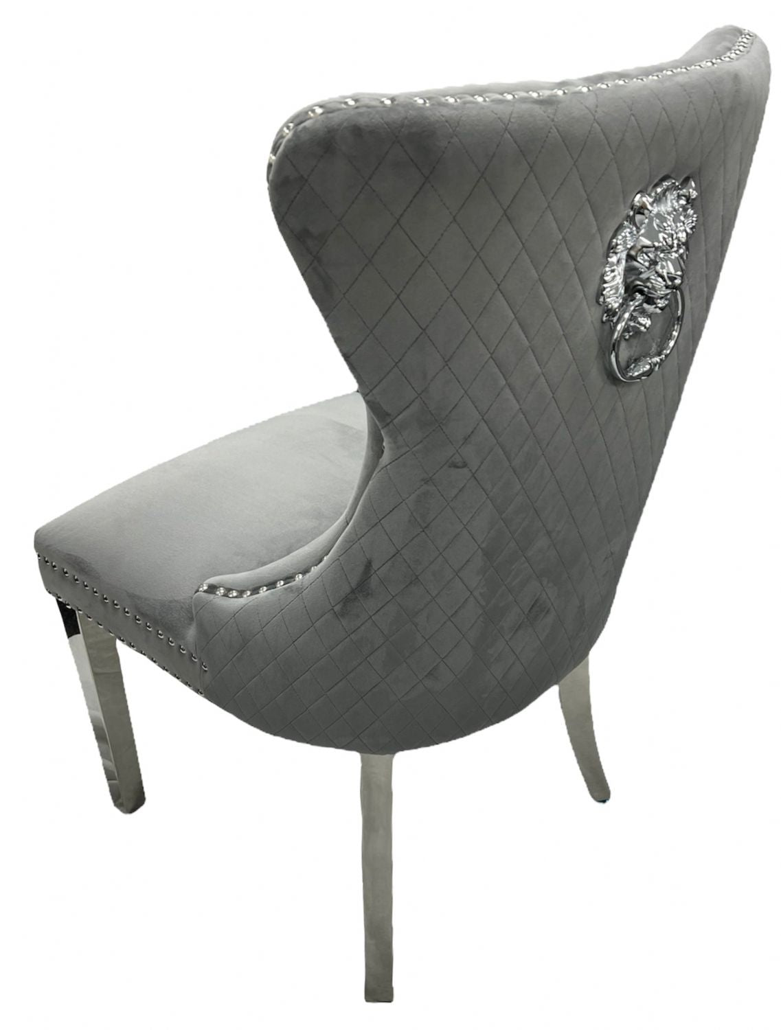 Luxury Dark Grey Velvet Dining Chair with Lion Knocker and Chrome Legs