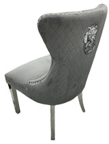 Luxury Dark Grey Velvet Dining Chair with Lion Knocker and Chrome Legs