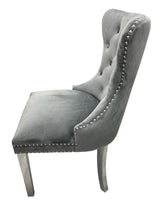 Luxury Dark Grey Velvet Dining Chair with Lion Knocker and Chrome Legs
