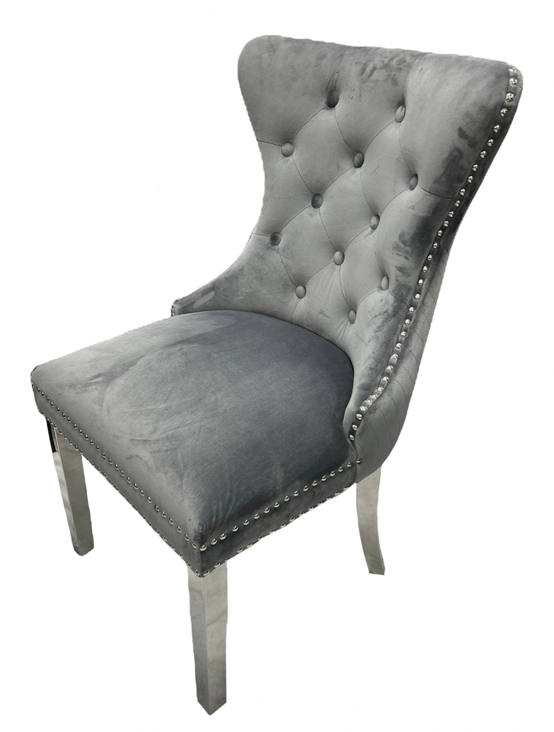 Luxury Dark Grey Velvet Dining Chair with Lion Knocker and Chrome Legs