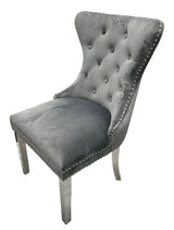 Luxury Dark Grey Velvet Dining Chair with Lion Knocker and Chrome Legs