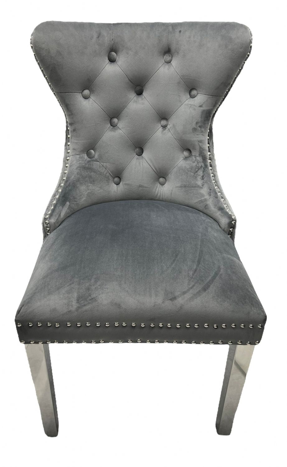 Luxury Dark Grey Velvet Dining Chair with Lion Knocker and Chrome Legs