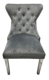 Luxury Dark Grey Velvet Dining Chair with Lion Knocker and Chrome Legs