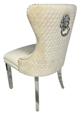 Luxury Ivory Velvet Dining Chair with Lion Knocker and Chrome Legs