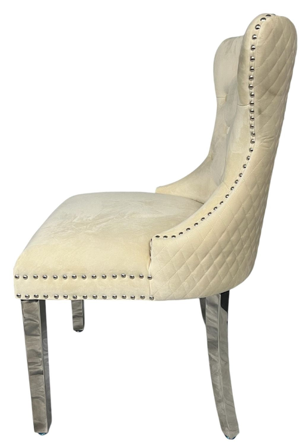 Luxury Ivory Velvet Dining Chair with Lion Knocker and Chrome Legs