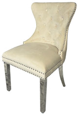 Luxury Ivory Velvet Dining Chair with Lion Knocker and Chrome Legs