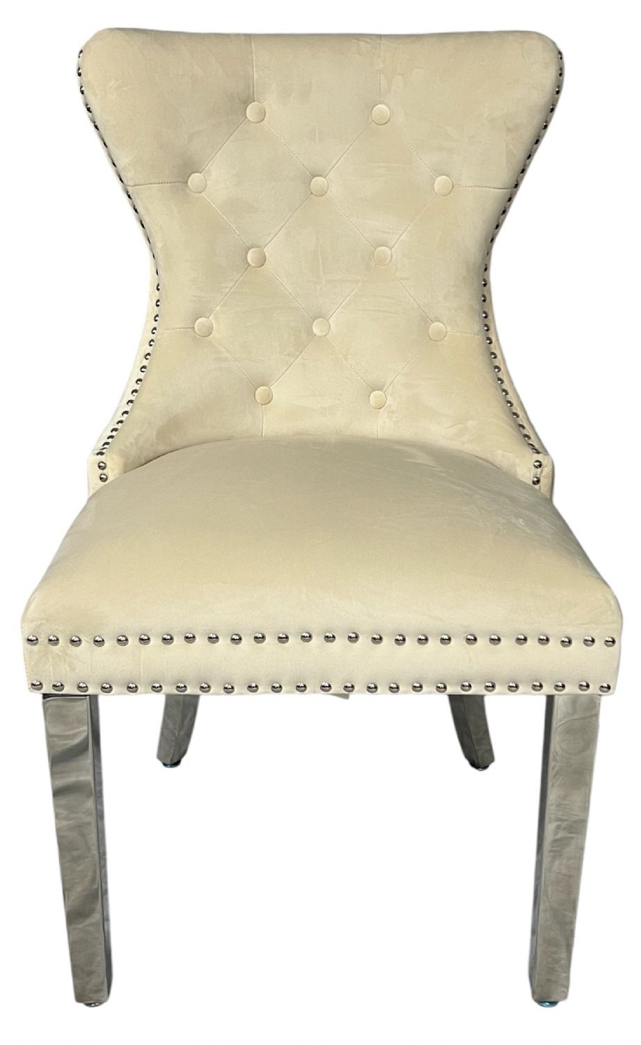 Luxury Ivory Velvet Dining Chair with Lion Knocker and Chrome Legs