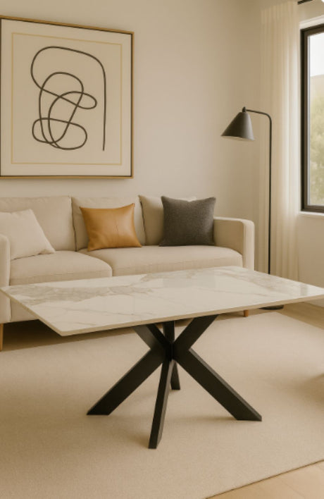 Modern Grey Ceramic Coffee Table with Black Cross Pedestal Base