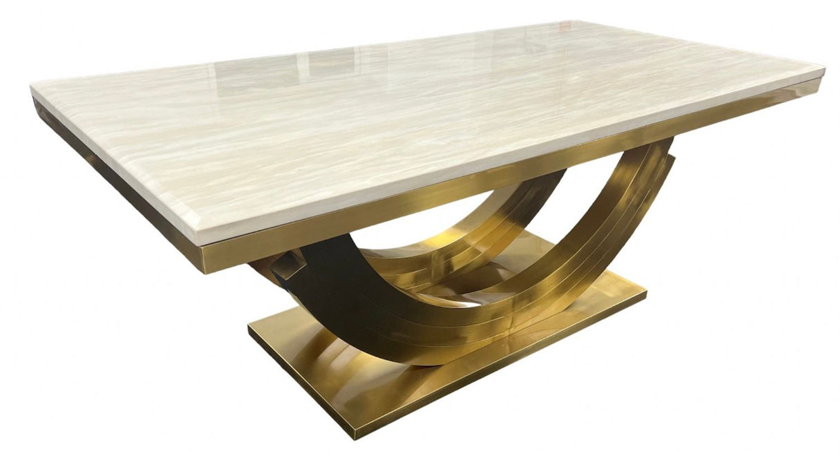Luxury Cream Marble 200cm Dining Table with Gold Art Deco U Shaped Pedestal Base
