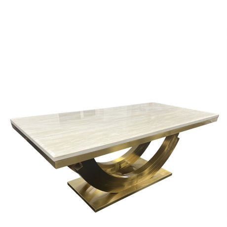 Luxury Cream Marble 200cm Dining Table with Gold Art Deco U Shaped Pedestal Base