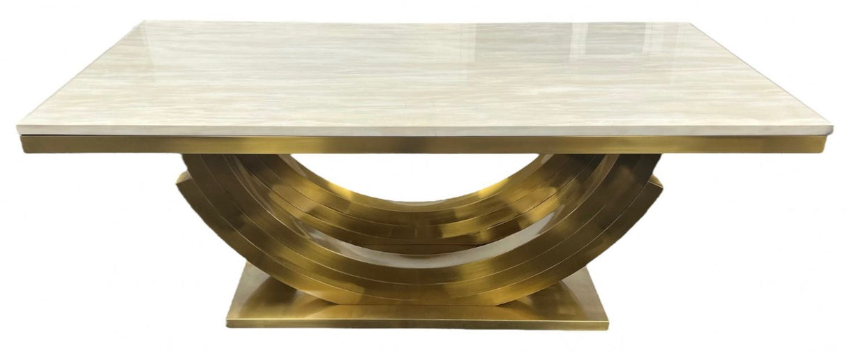 Luxury Cream Marble 200cm Dining Table with Gold Art Deco U Shaped Pedestal Base