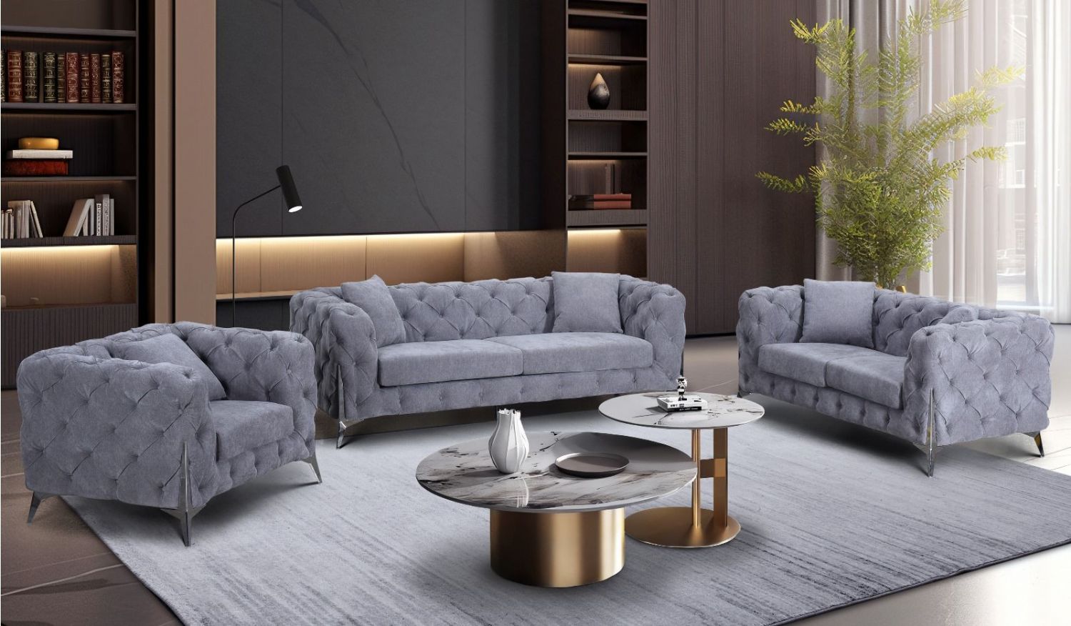 Modern Grey Fabric Chesterfield 2 Seater Sofa with Chrome Accent Legs