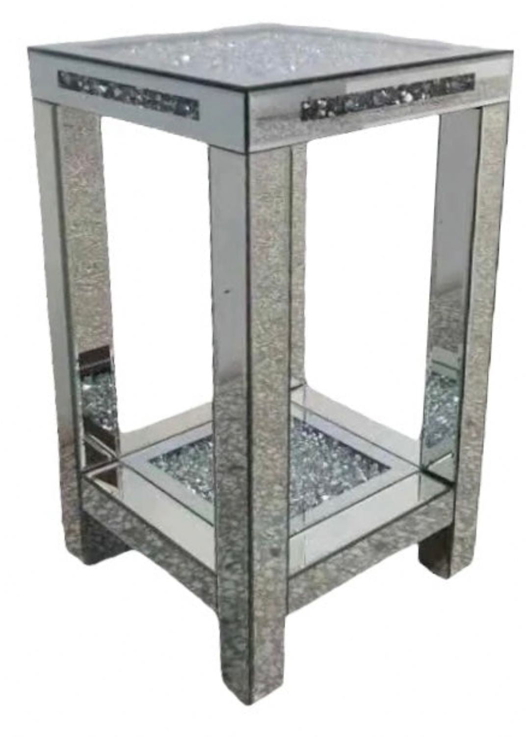Mirrored Pedestal Side Table with Crushed Diamond Detailing