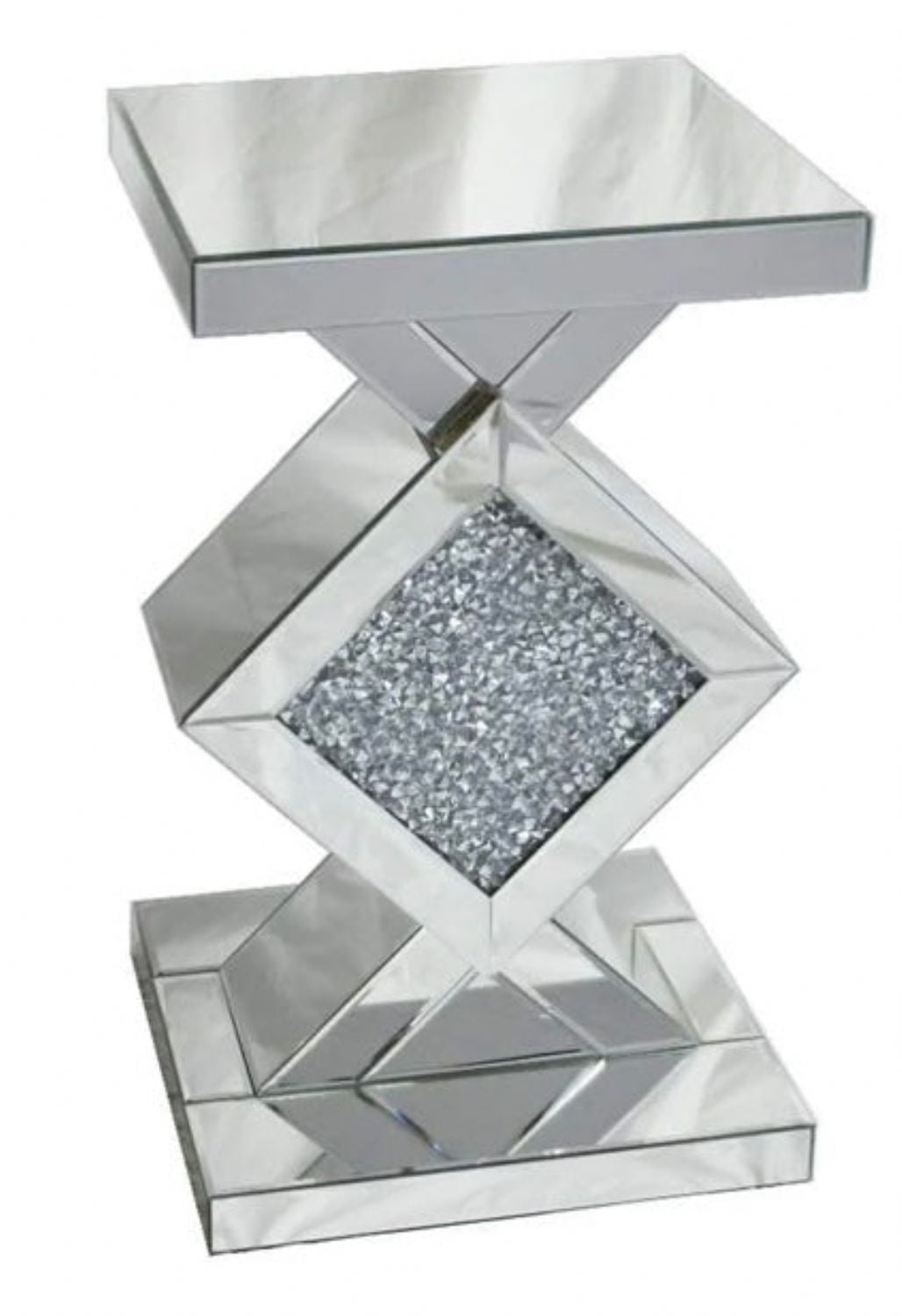 Mirrored Diamond Accent Pedestal Side Table with Crushed Crystal Centre