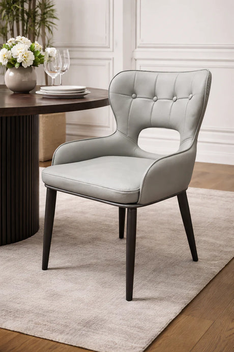 Modern Light Grey PU Upholstered Dining Chair with Button Tufted Back and Black Legs
