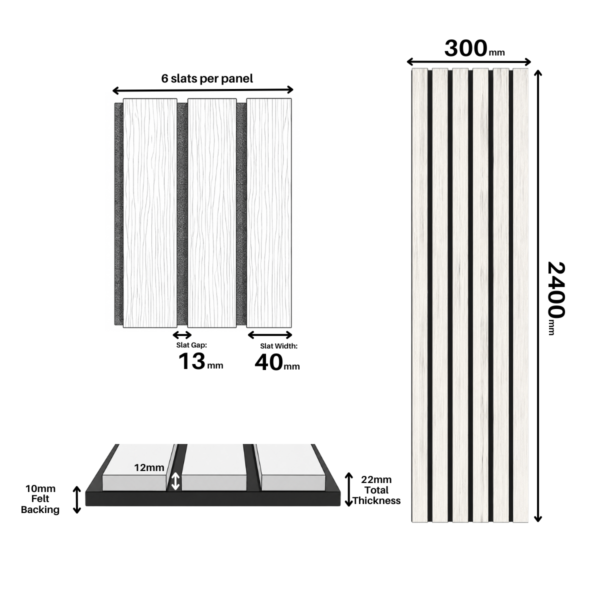 Wood Veneer Acoustic Wide Slat Wall Panels - 3-sided - 240cm x 30cm (2 pack)