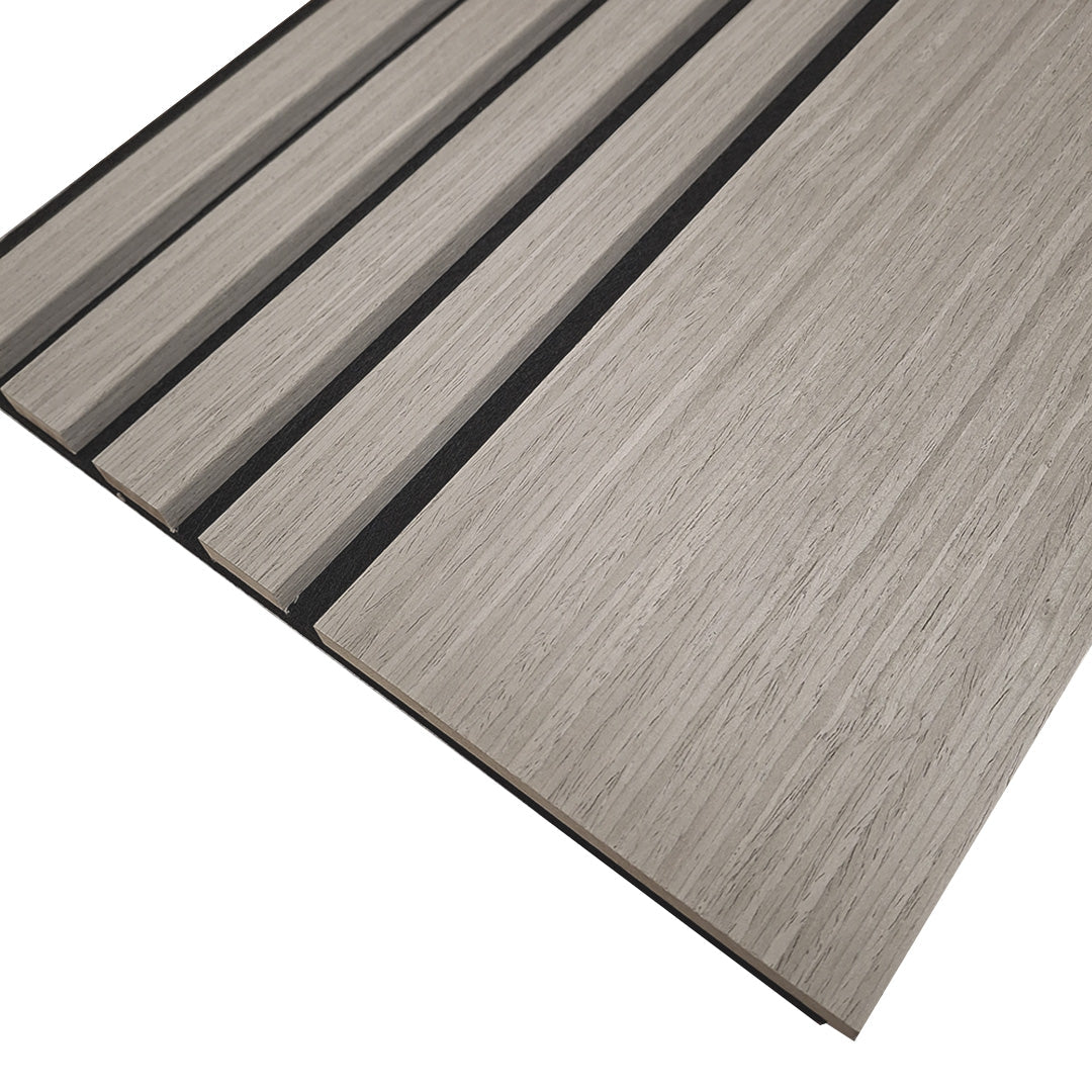 Multi Width Acoustic Wood Veneer Wall Panels - 3-sided - 240cm x 30cm (2 pack) - Grey Oak