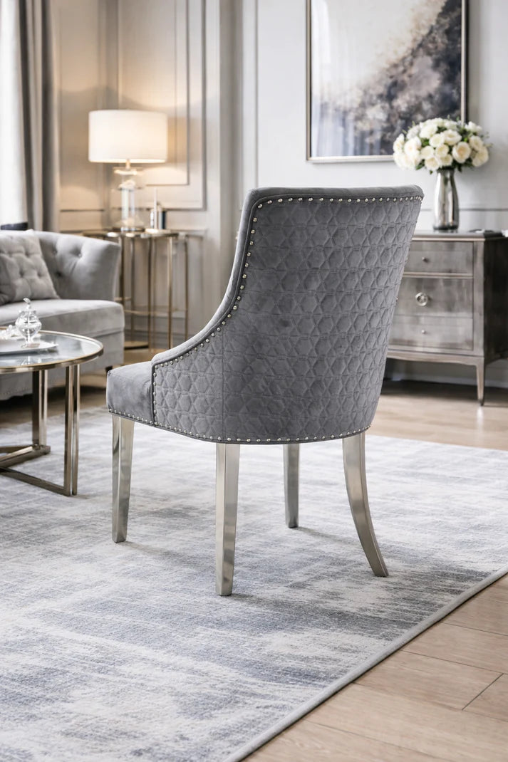 Modern Dark Grey Velvet Dining Chair with Chrome Legs and Hexagonal Back
