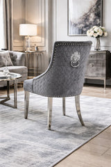 Modern Dark Grey Velvet Dining Chair with Lion Knocker and Chrome Legs