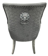 Modern Dark Grey Velvet Dining Chair with Lion Knocker and Chrome Legs