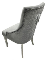 Modern Dark Grey Velvet Dining Chair with Lion Knocker and Chrome Legs