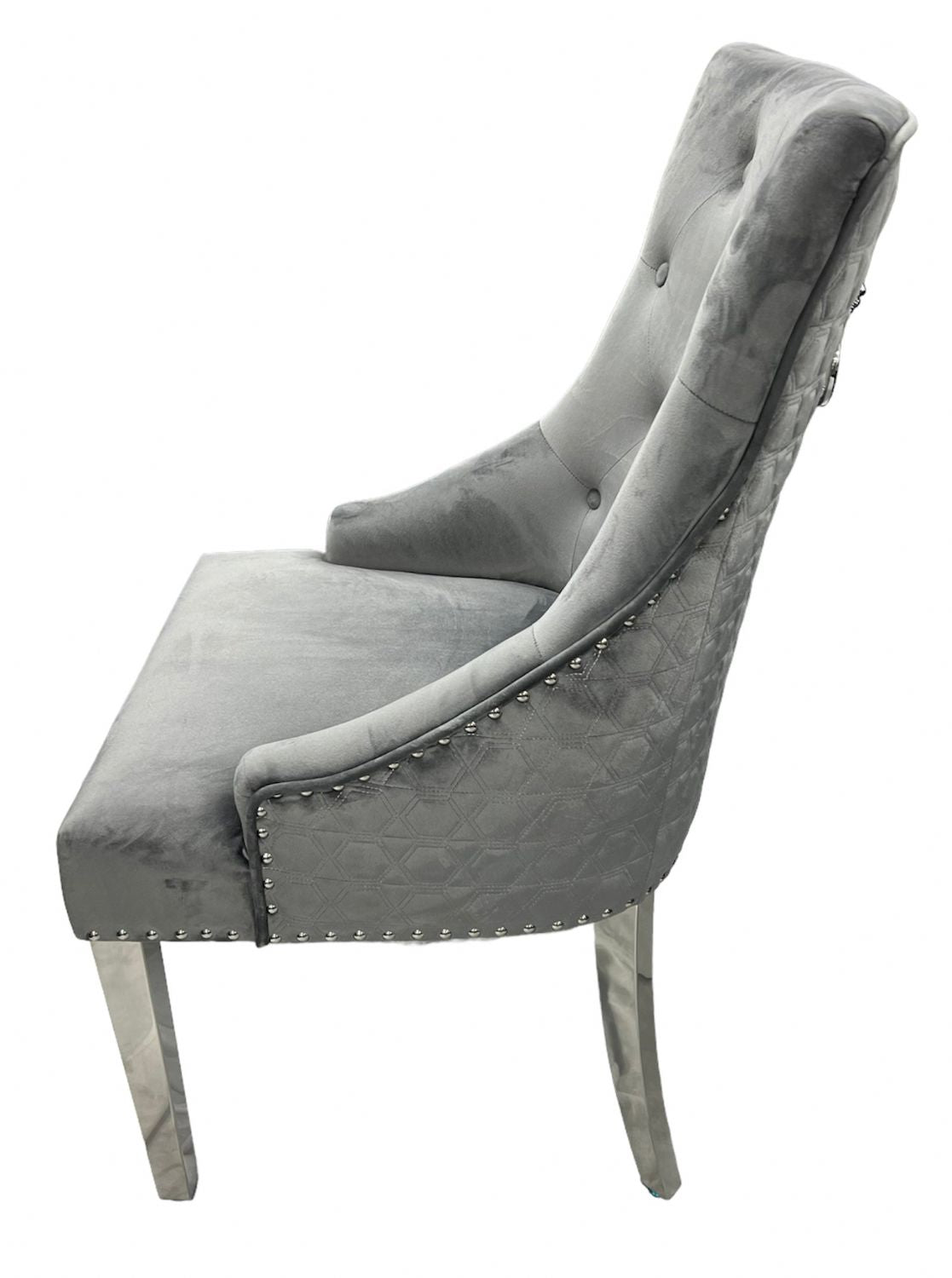 Modern Dark Grey Velvet Dining Chair with Lion Knocker and Chrome Legs