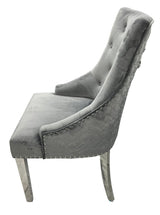 Modern Dark Grey Velvet Dining Chair with Lion Knocker and Chrome Legs