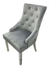 Modern Dark Grey Velvet Dining Chair with Lion Knocker and Chrome Legs
