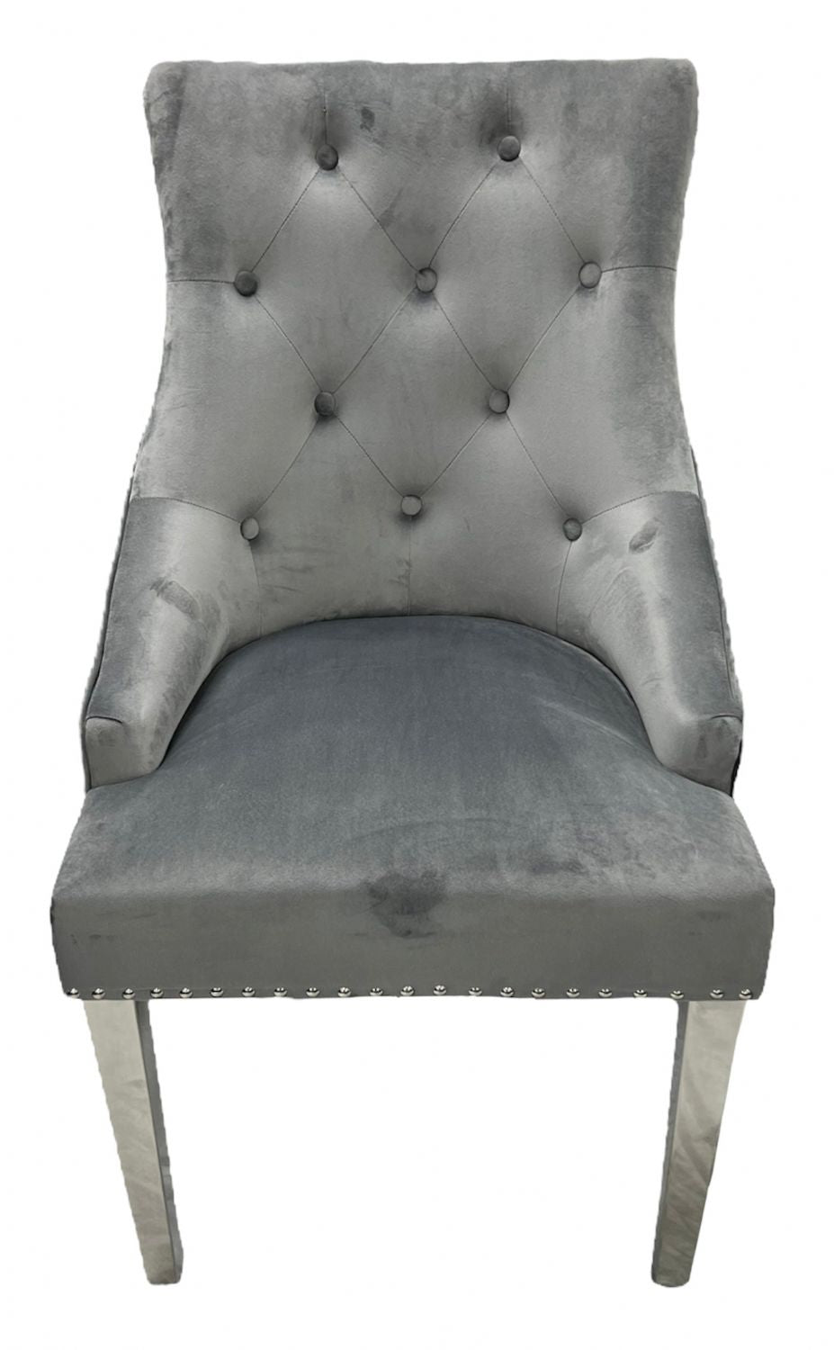 Modern Dark Grey Velvet Dining Chair with Lion Knocker and Chrome Legs