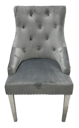 Modern Dark Grey Velvet Dining Chair with Lion Knocker and Chrome Legs