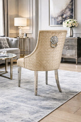 Modern Mink Velvet Dining Chair with Lion Knocker and Chrome Legs
