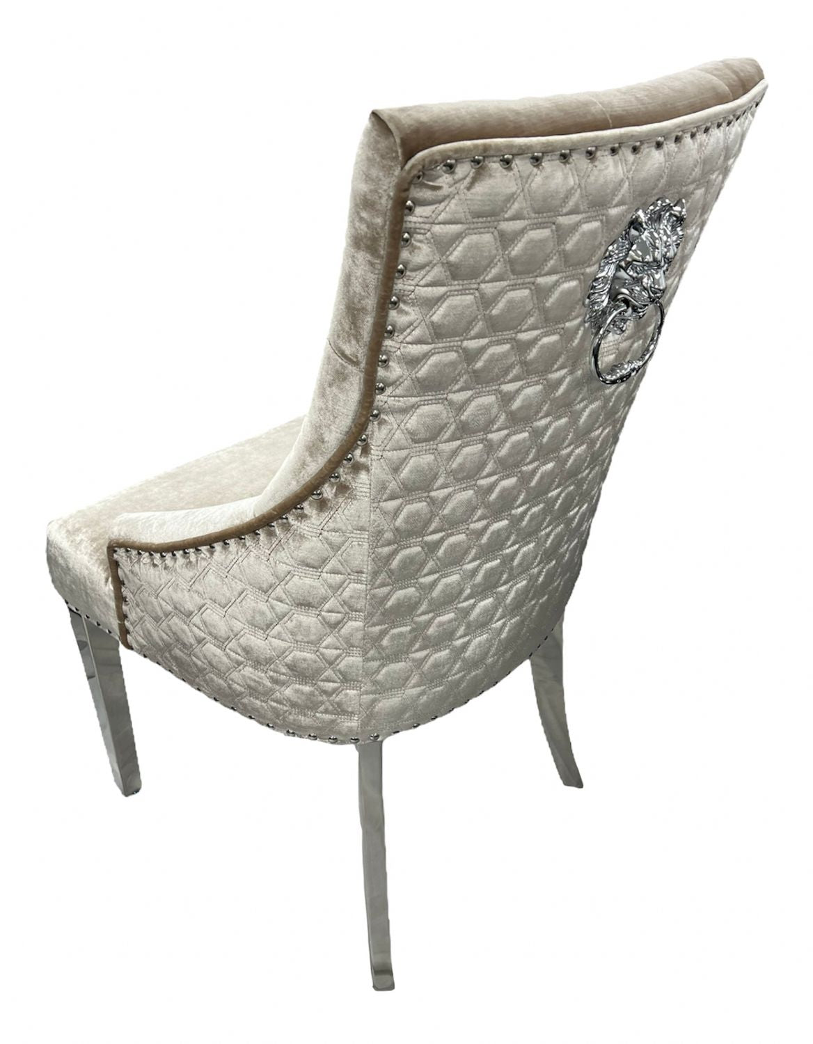 Modern Mink Velvet Dining Chair with Lion Knocker and Chrome Legs