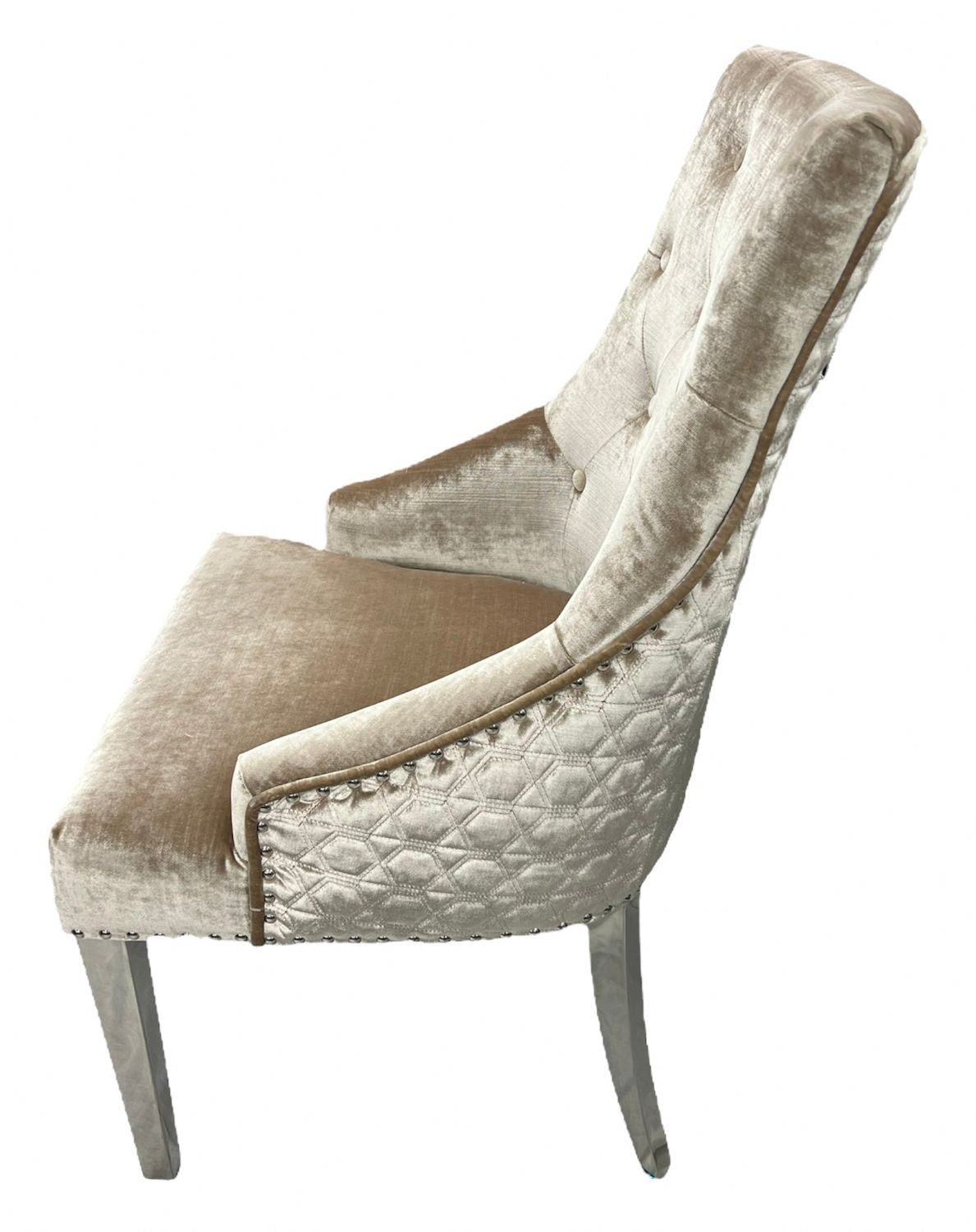 Modern Mink Velvet Dining Chair with Lion Knocker and Chrome Legs