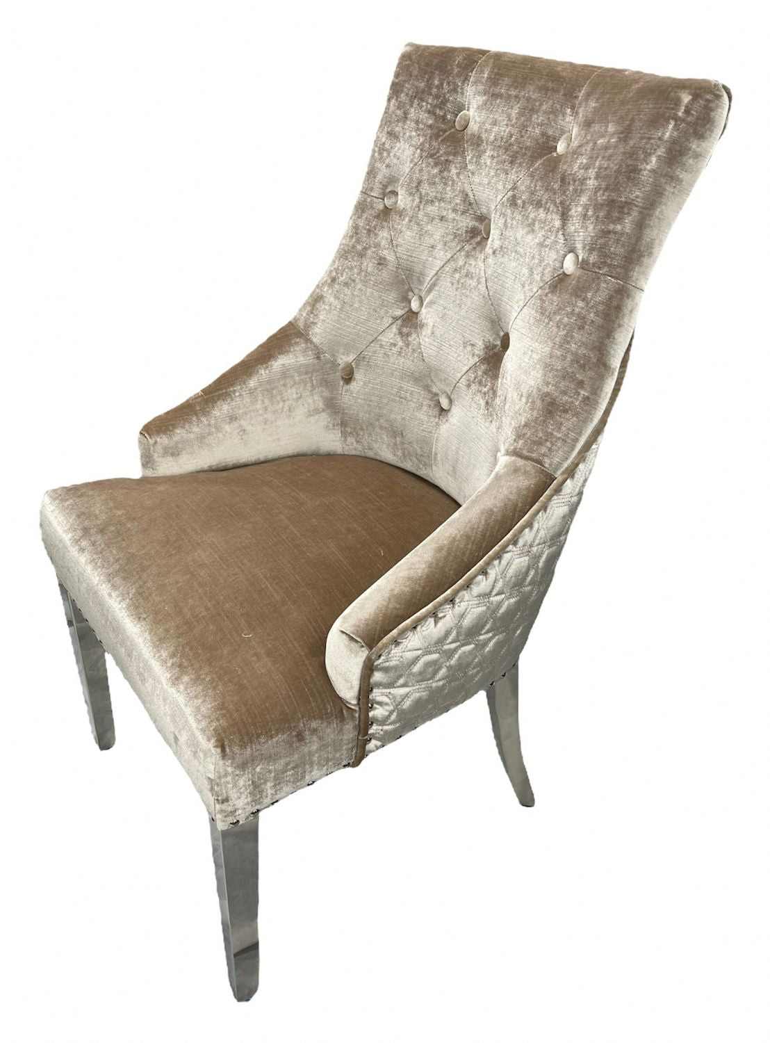 Modern Mink Velvet Dining Chair with Lion Knocker and Chrome Legs