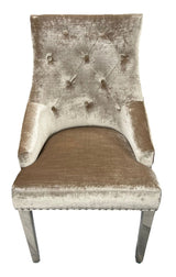 Modern Mink Velvet Dining Chair with Lion Knocker and Chrome Legs