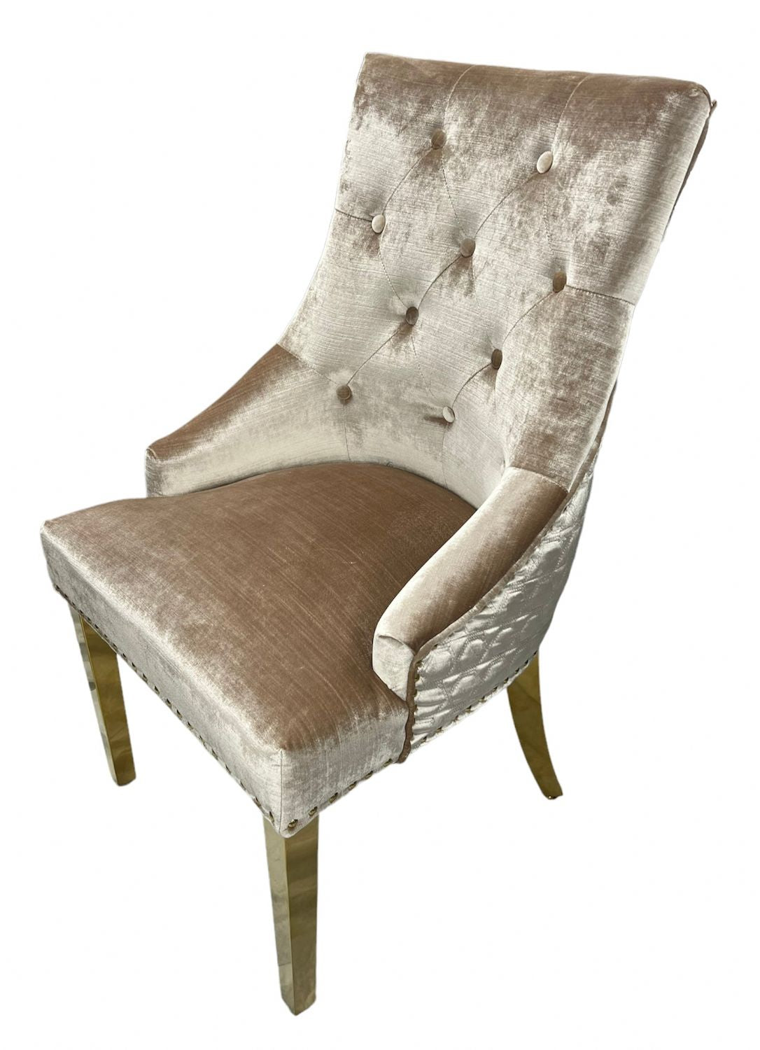 Luxury Mink Shimmer Velvet Dining Chair with Lion Knocker and Gold Legs