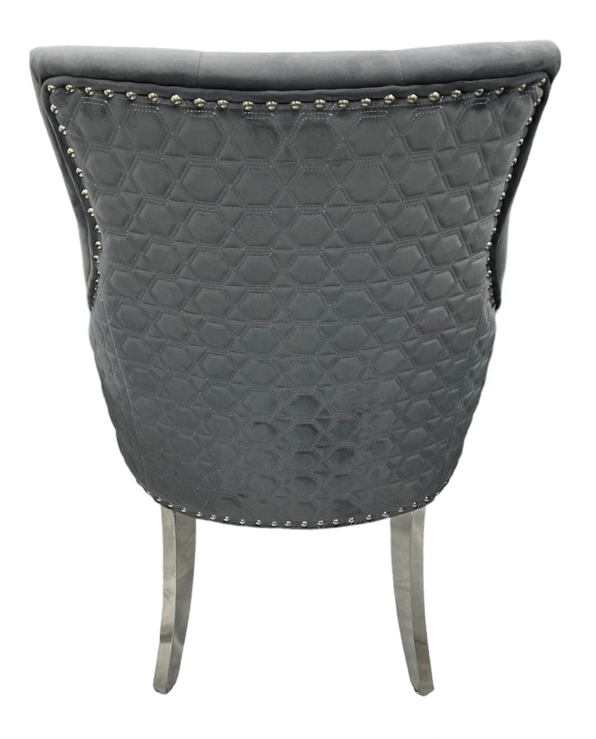Modern Dark Grey Velvet Dining Chair with Chrome Legs and Hexagonal Back