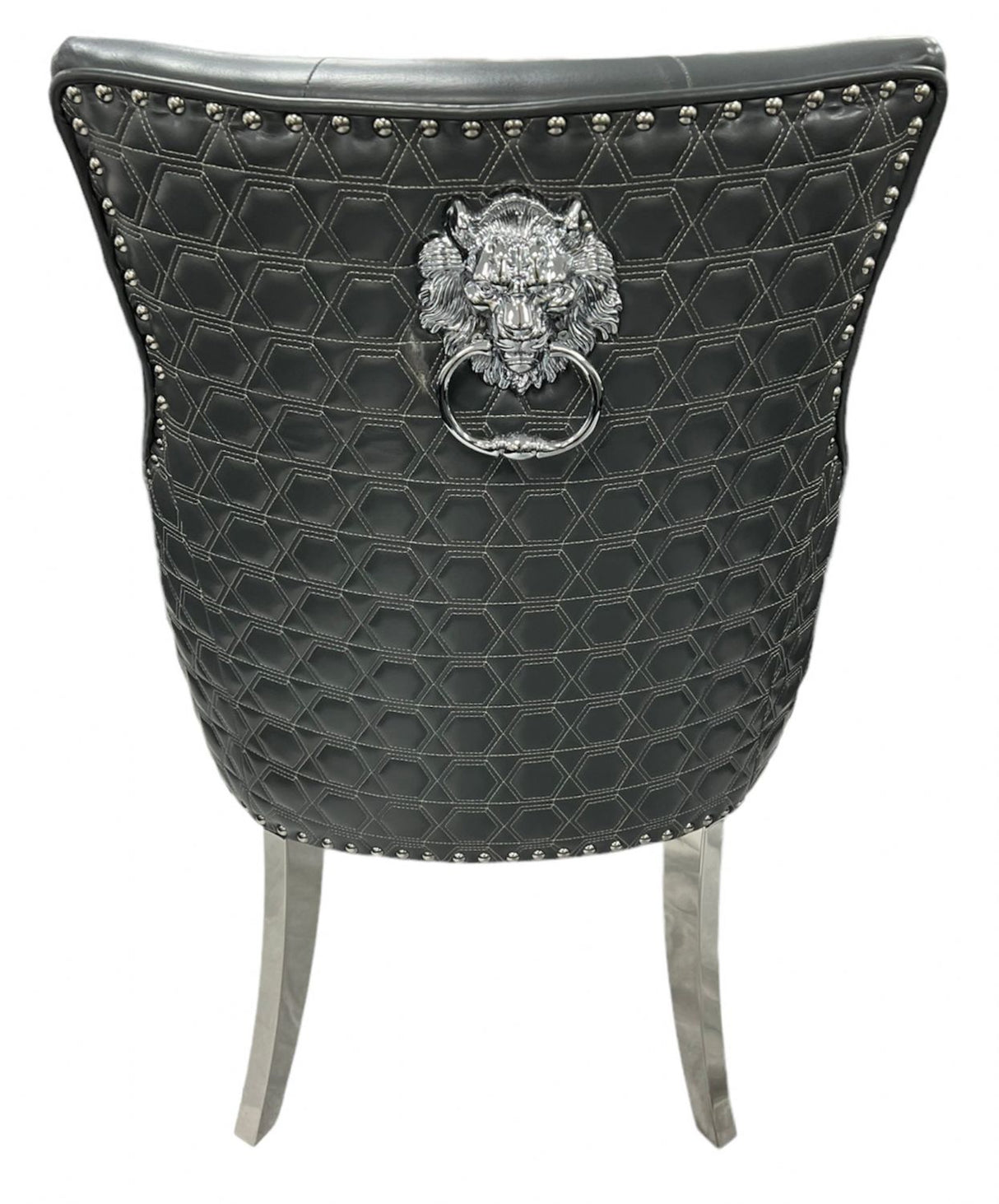 Modern Dark Grey PU Dining Chair with Lion Knocker and Chrome Legs