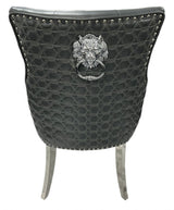 Modern Dark Grey PU Dining Chair with Lion Knocker and Chrome Legs