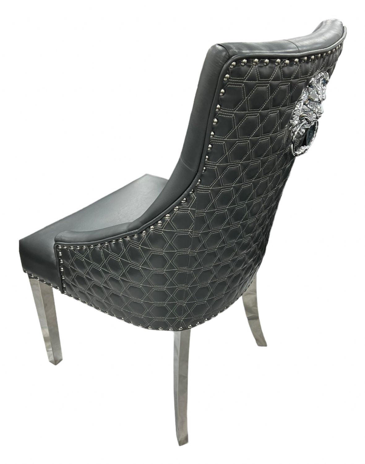 Modern Dark Grey PU Dining Chair with Lion Knocker and Chrome Legs