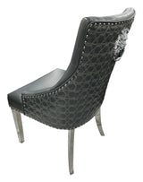 Modern Dark Grey PU Dining Chair with Lion Knocker and Chrome Legs