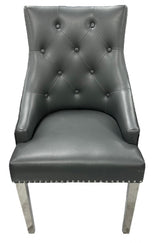 Modern Dark Grey PU Dining Chair with Lion Knocker and Chrome Legs