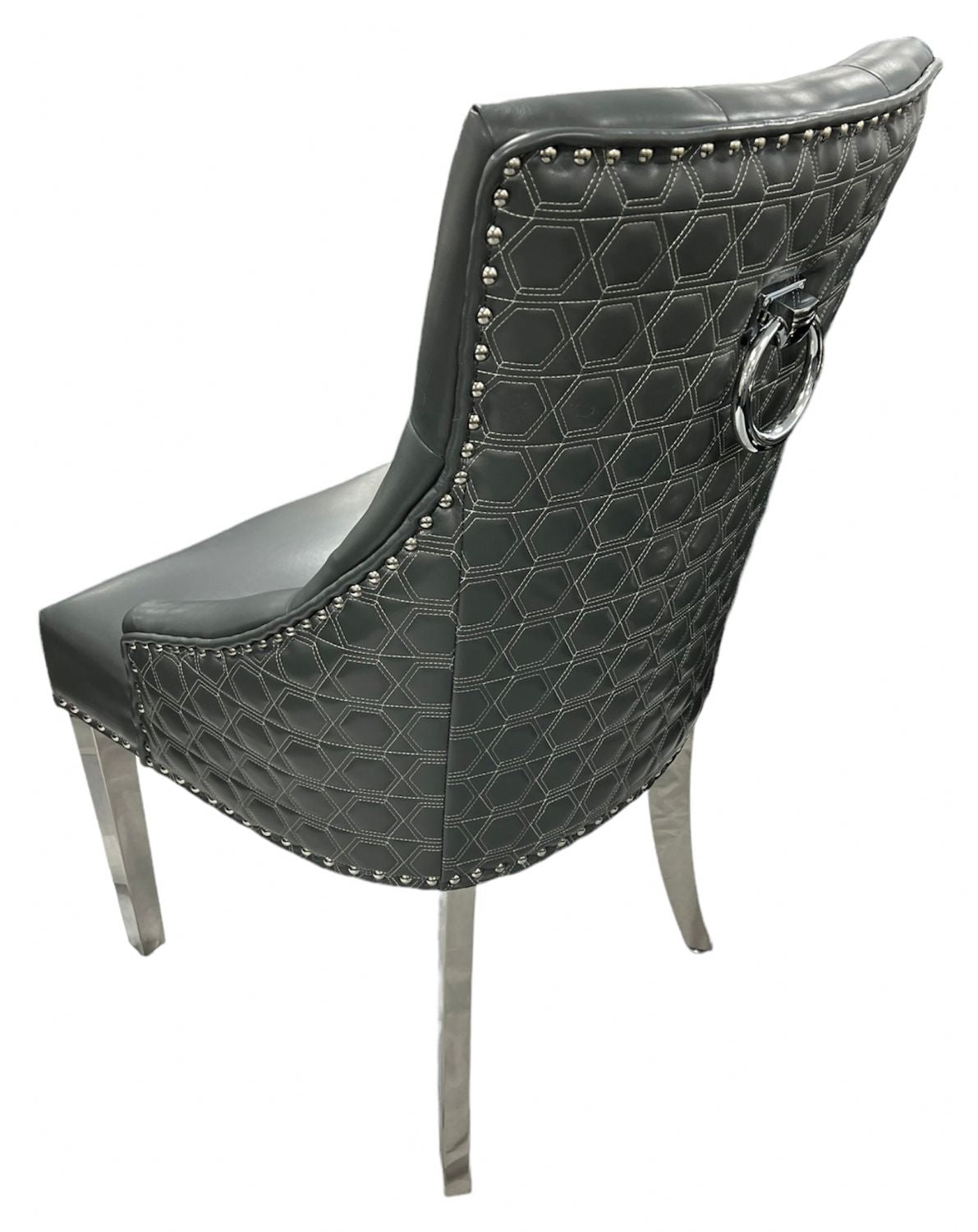 Modern Dark Grey PU Dining Chair with Ring Knocker and Chrome Legs