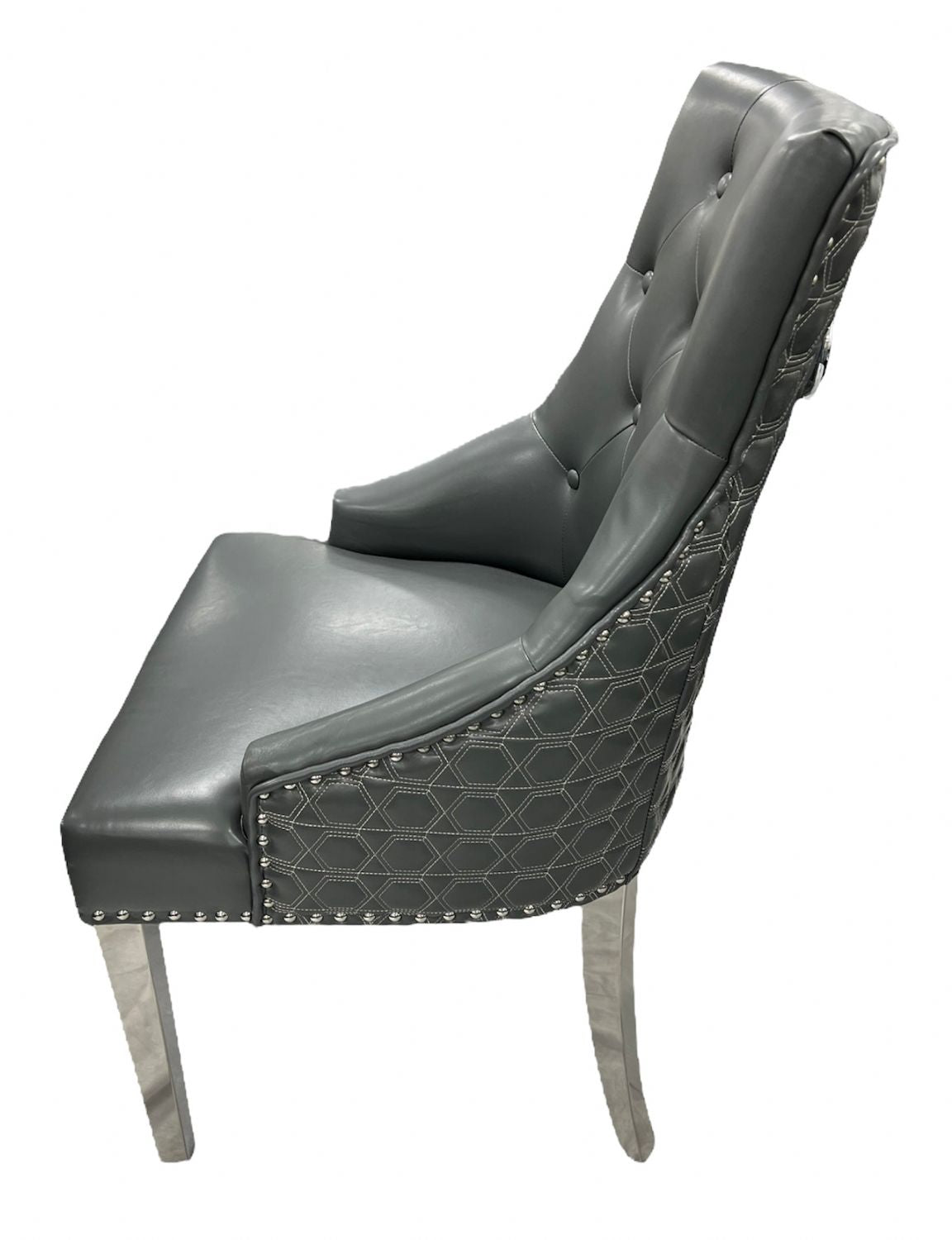 Modern Dark Grey PU Dining Chair with Ring Knocker and Chrome Legs
