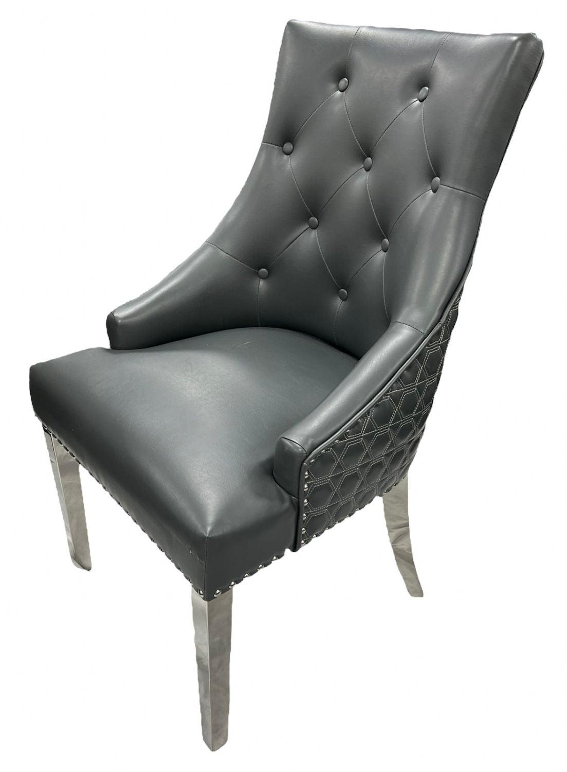 Modern Dark Grey PU Dining Chair with Ring Knocker and Chrome Legs