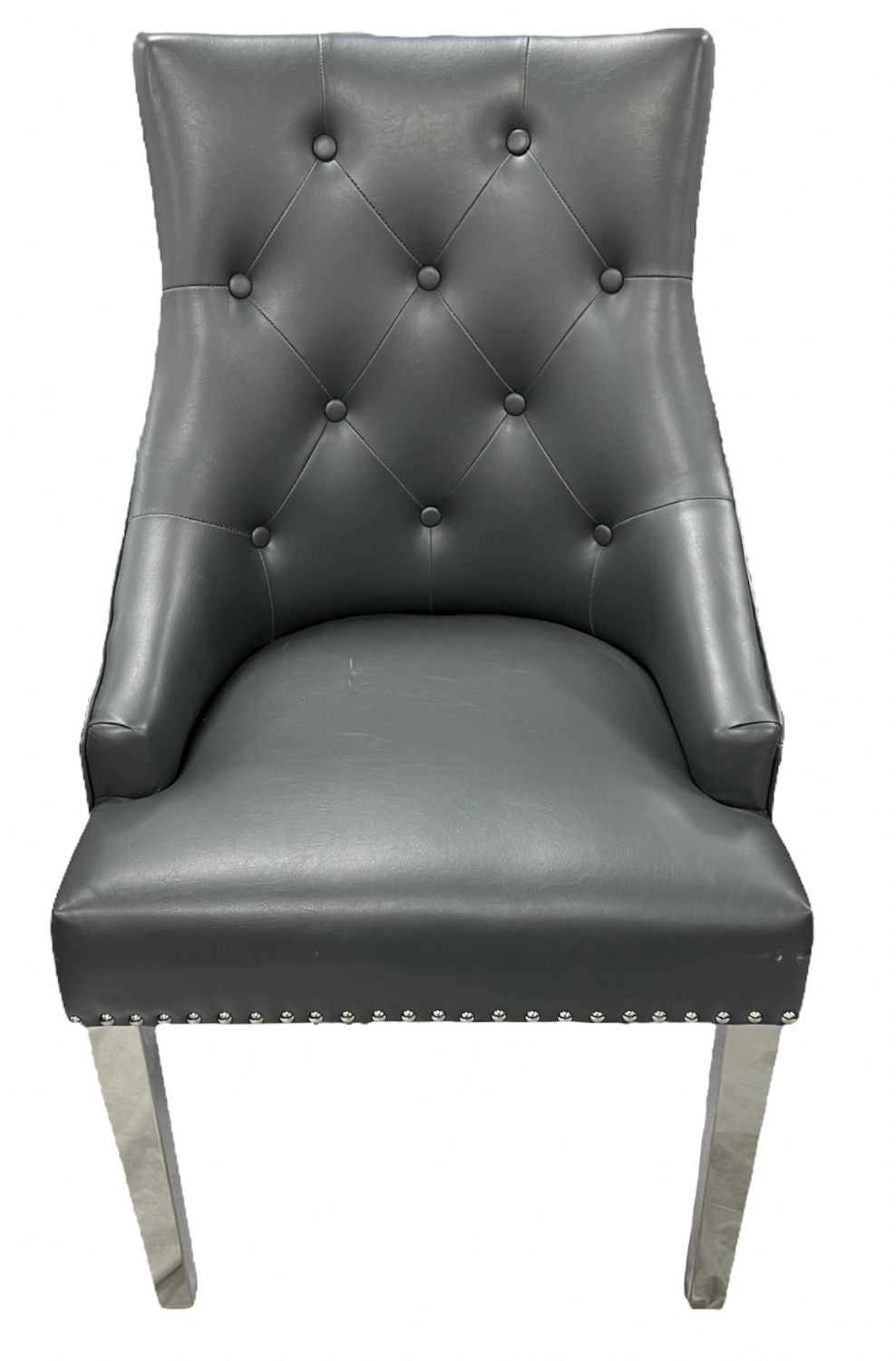 Modern Dark Grey PU Dining Chair with Ring Knocker and Chrome Legs
